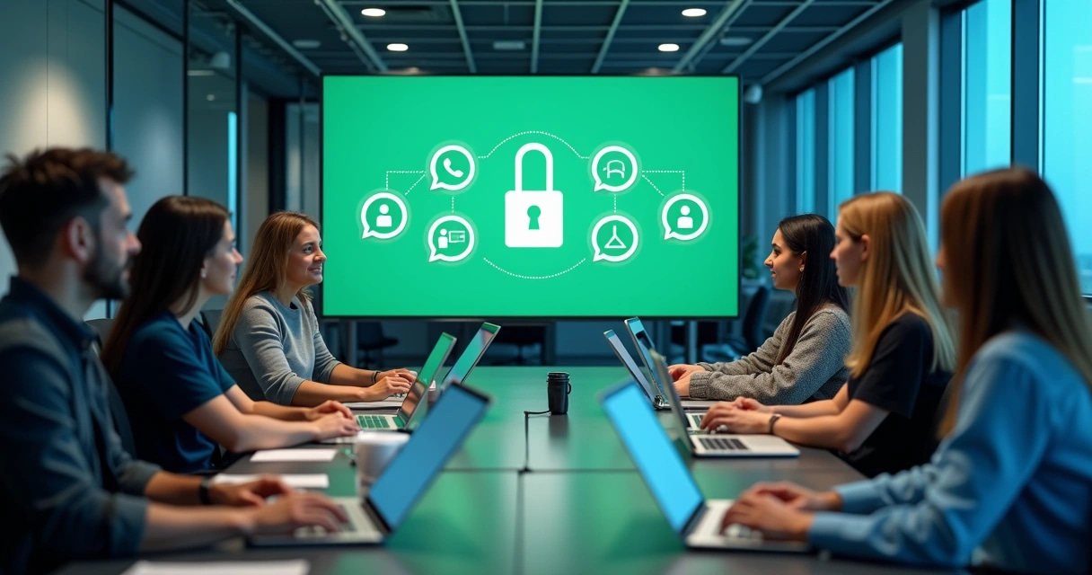 Pessoas reunidas em mesa de reunião com laptops, olhando para apresentação digital de dicas de segurança em grupos
