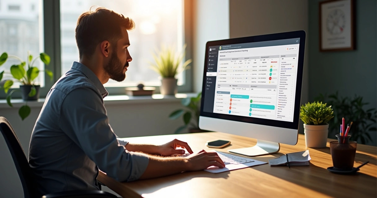 Vendedor analisando tela de leads em computador